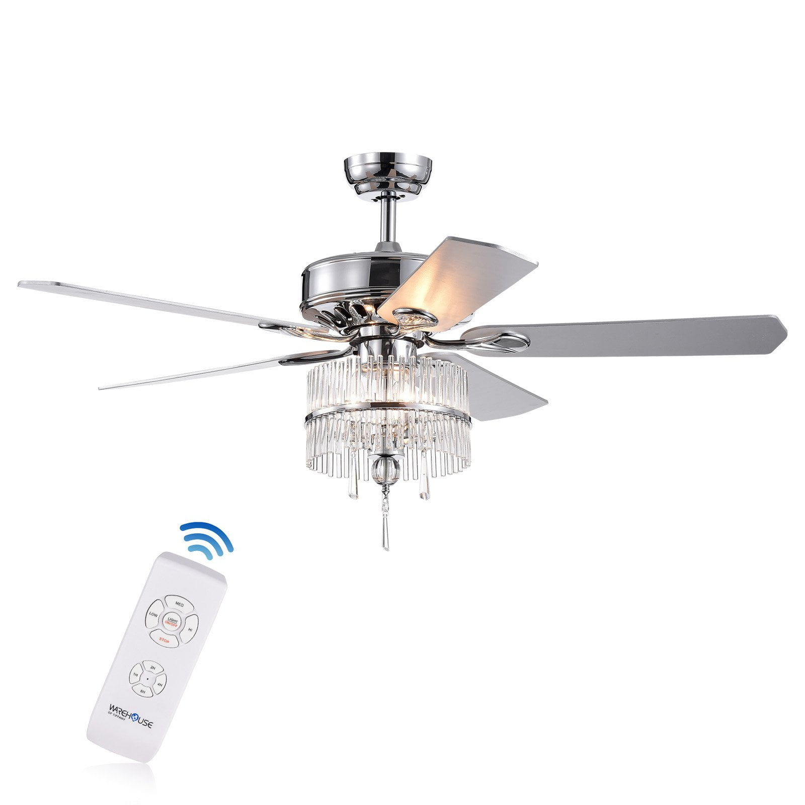 Wyllow DeBase 52-Inch 5-Blade Chrome Lighted Ceiling Fans with Crystal Flutes Shade (Remote Controlled & 2 Color Option Blades)