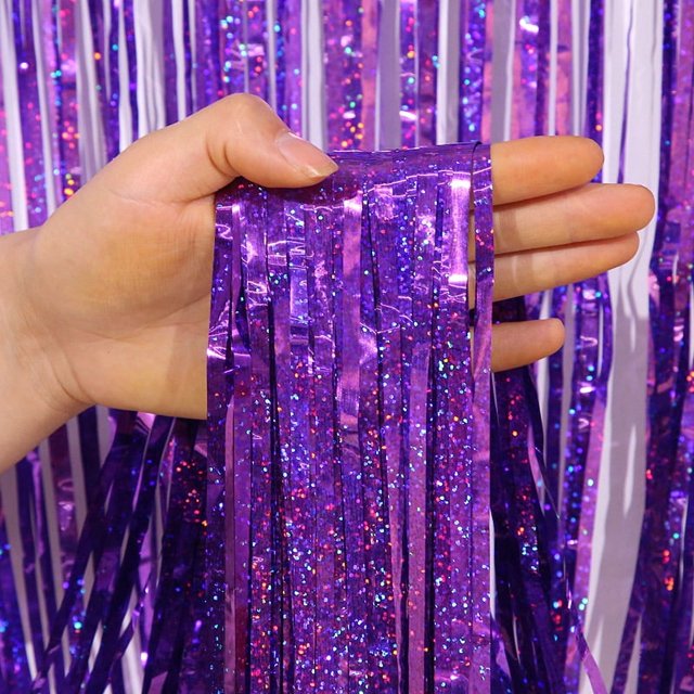 1 cortina de seda con forma de lluvia láser de 2 metros, fondo para fiesta de cumpleaños, decoración, accesorios, borlas, cortina de puerta, fondo de pared
