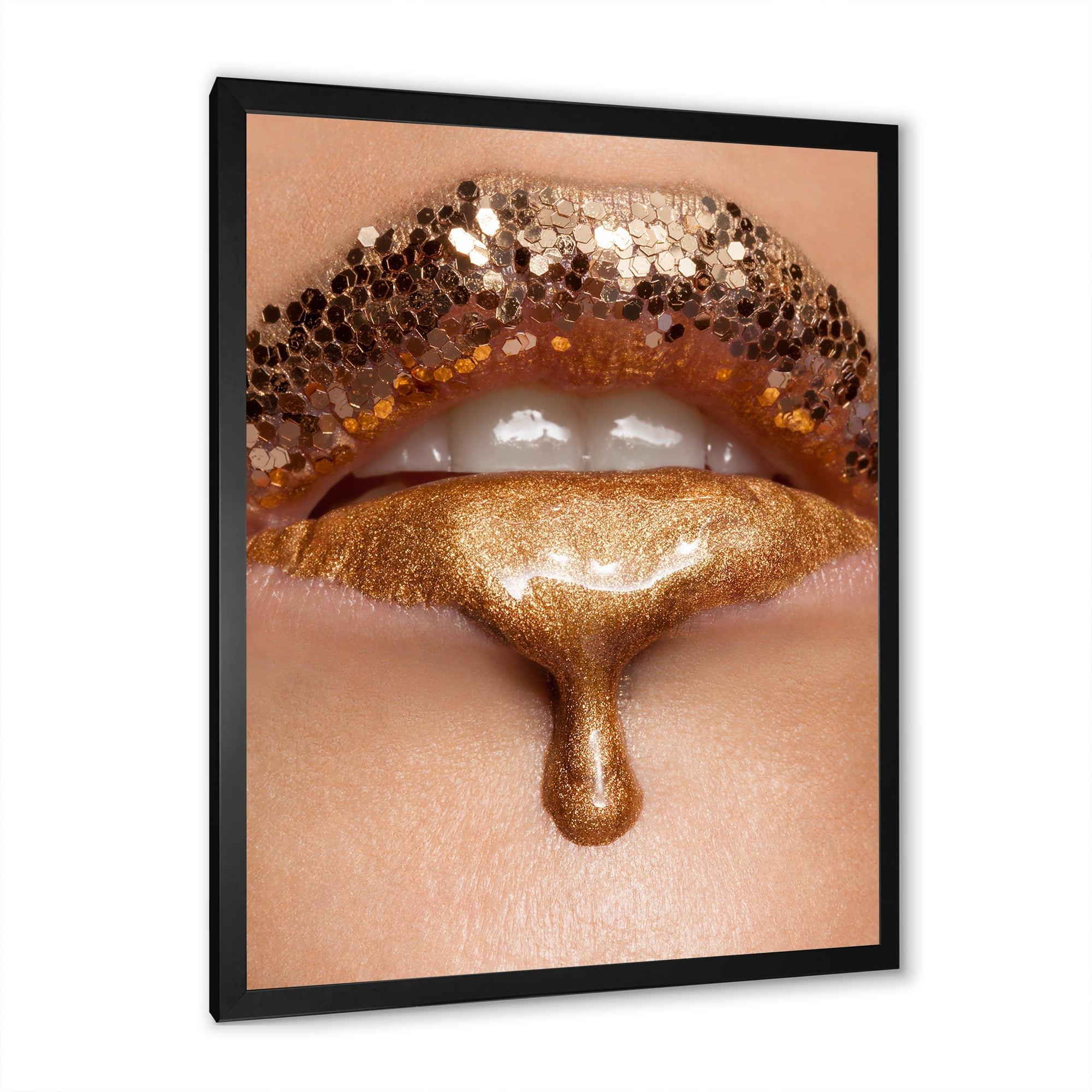 Designart 'Close-Up Of Woman Make-Up Of Gold Liquid Lips' Modern Framed Art Print