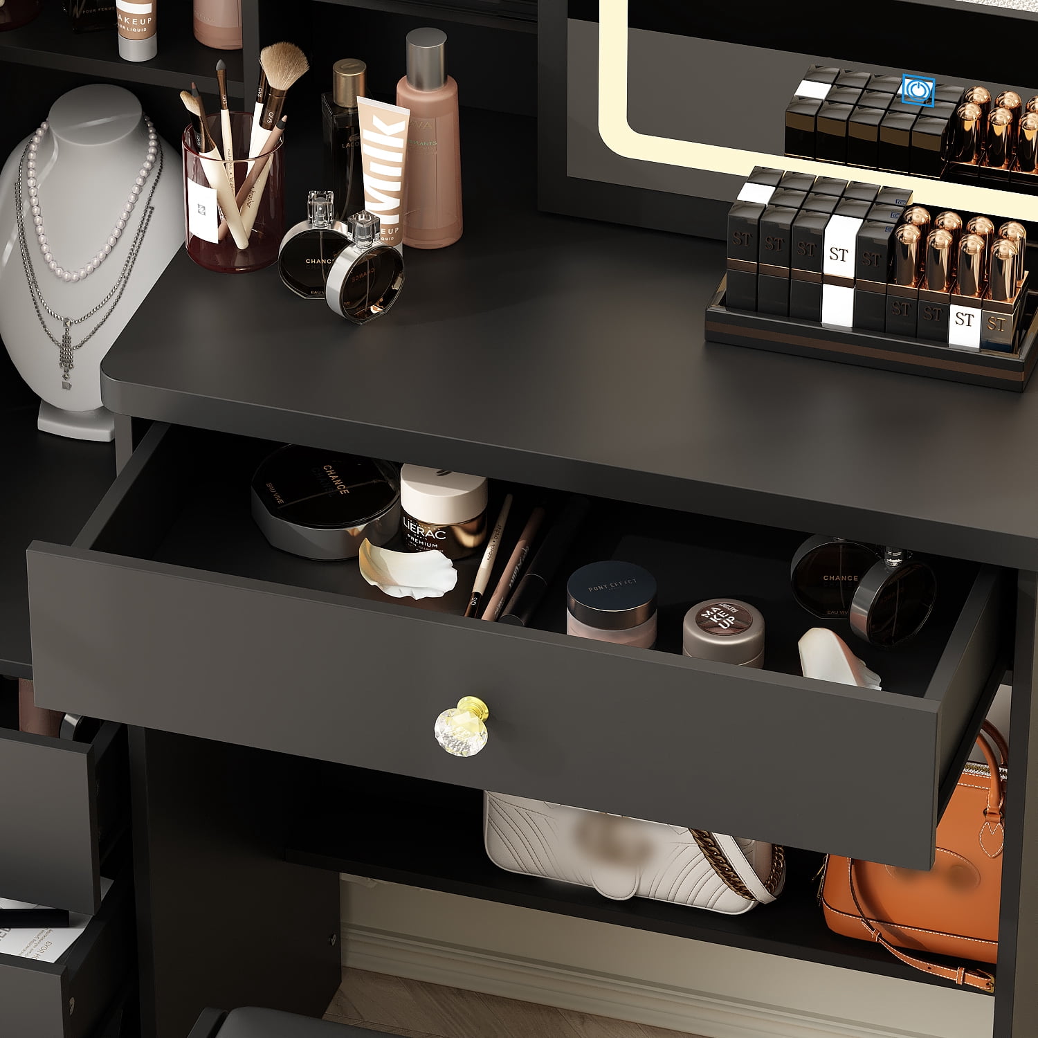 MONSLIPA Vanity Set with Light Mirror, Makeup Dressing Table with 4 Drawers for Bedroom, Black