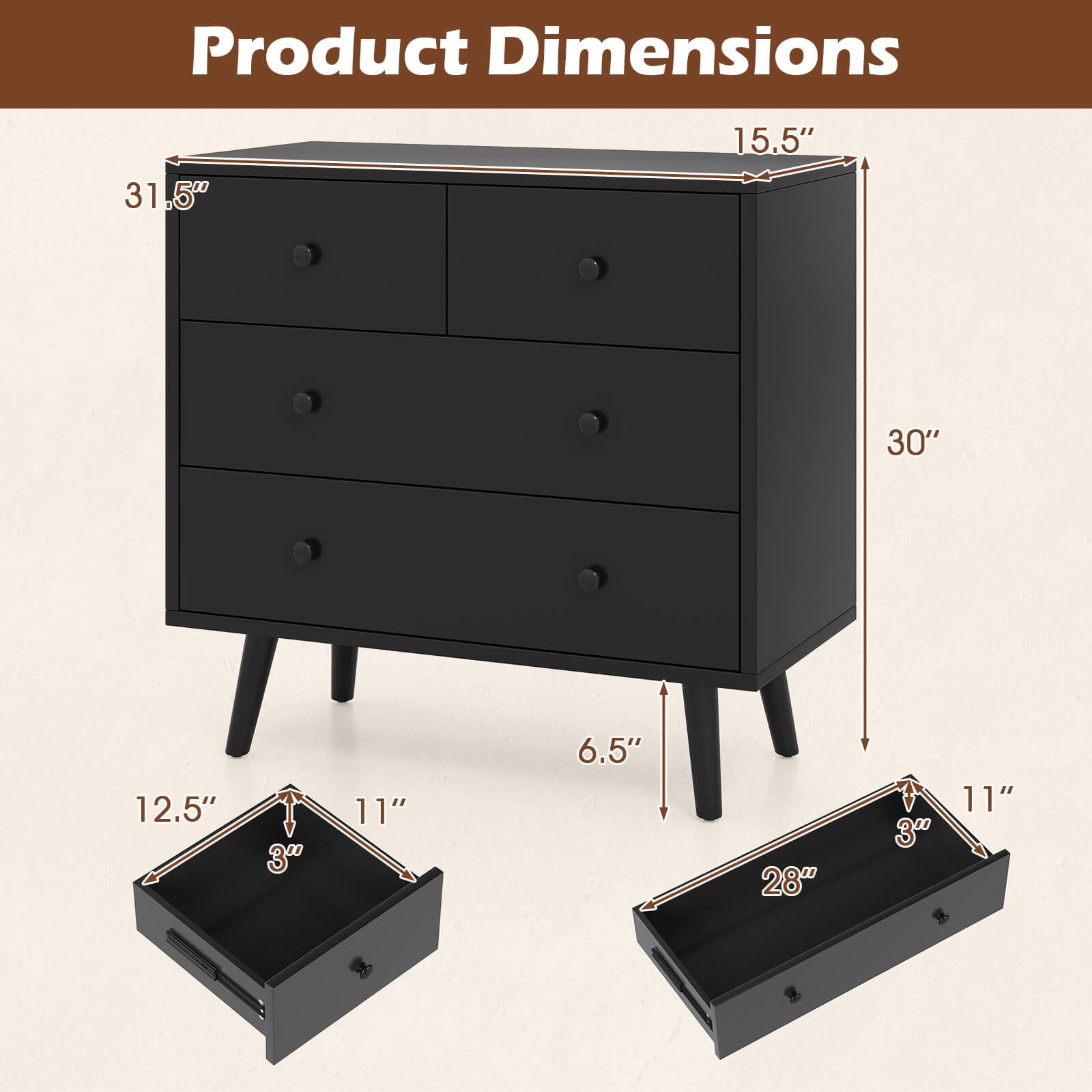 Costway 4 Drawer Dresser for Bedroom Wide Chest of Drawers with Metal Guide Rails Black