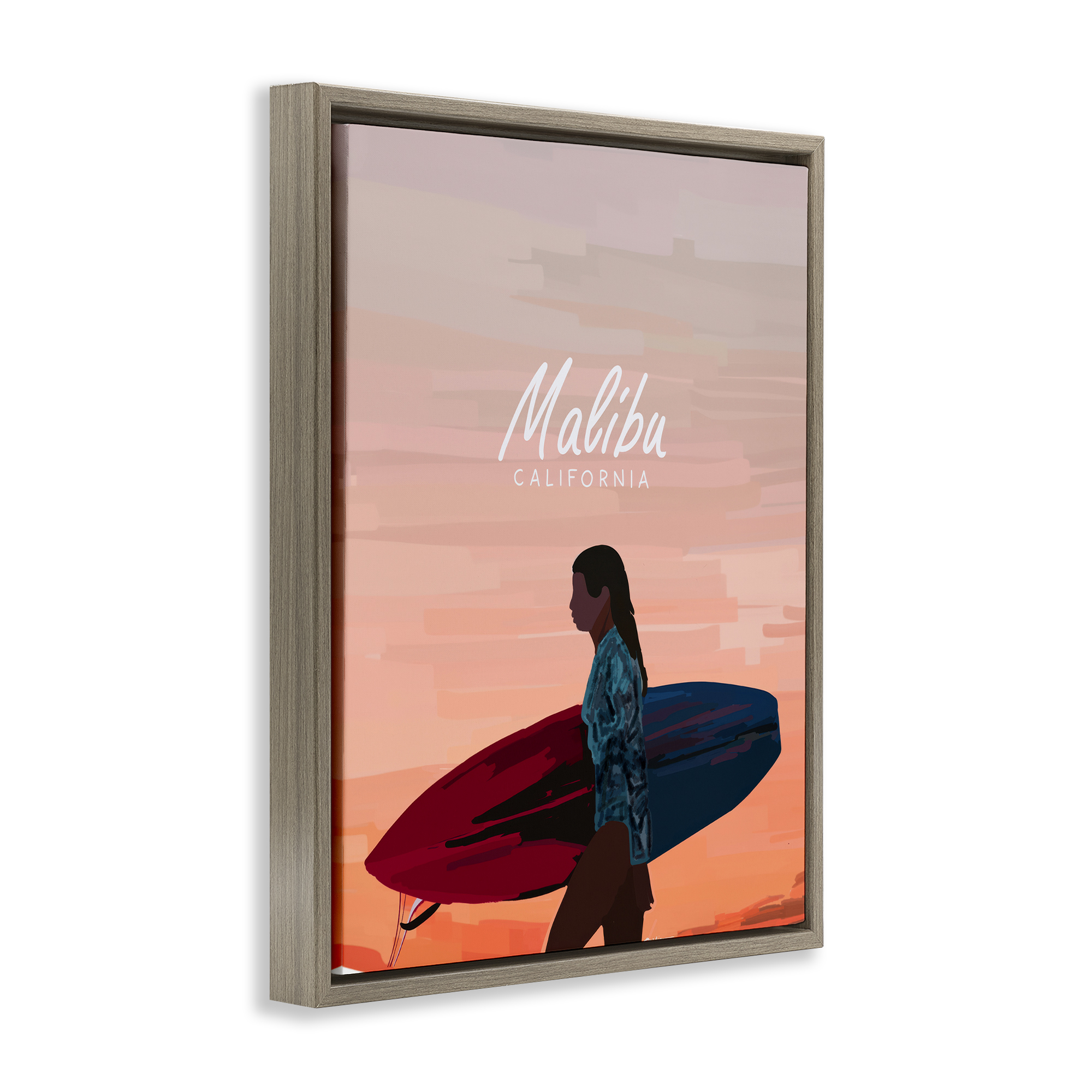 Stupell Industries Malibu Surfer Girl Sports Painting Brown Floater Framed Canvas Art Print Wall Art, 17 x 21