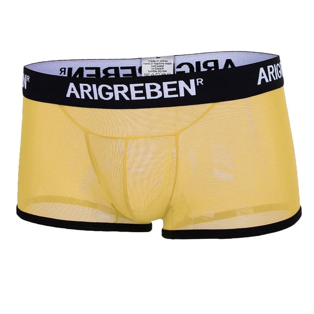 calzoncillos de malla para hombre bragas de la ropa interior transpirable amarillo l trunk de malla amarilla con cintura elástica negra con logo blanco, bolsa frontal contorneada y dobladillo negro, vista frontal centrada sobre fondo blanco; también indicado como ropa de dormir o traje de baño.