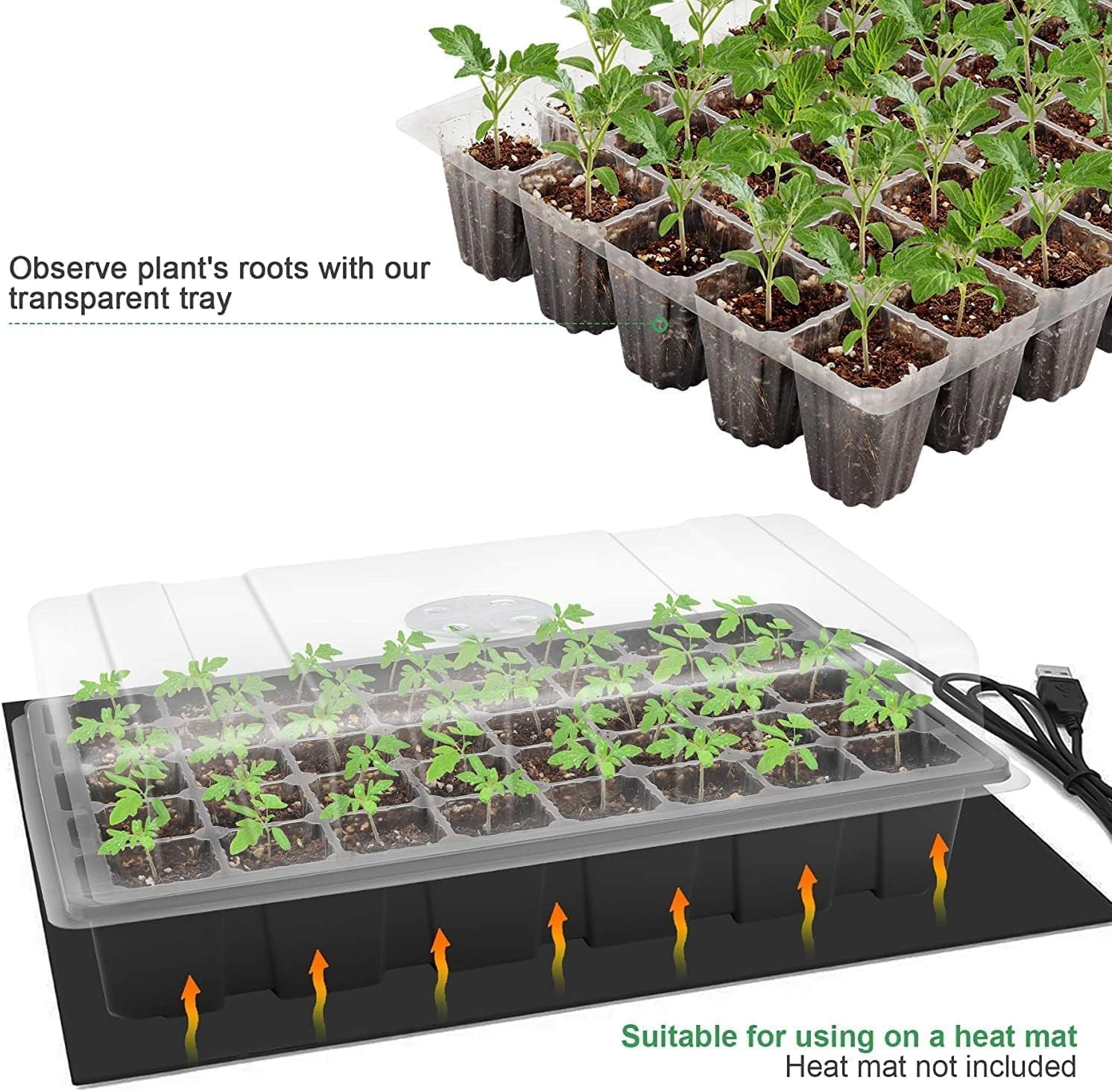 Seedling Trays Seed Starter Tray, 5-Pack Mini Propagator Plant Grow Kit Greenhouse with Humidity Vented Domes and Base for Seeds' Starting (40 Cells Per Tray, Total 200 Cells), Black