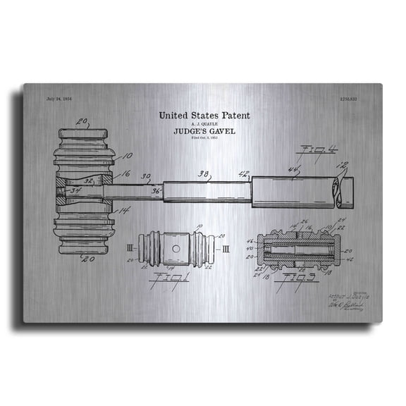 Luxe Metal Art 'Judge's Gavel Blueprint Patent White' Acrylic Glass Wall Art, 24"x16"