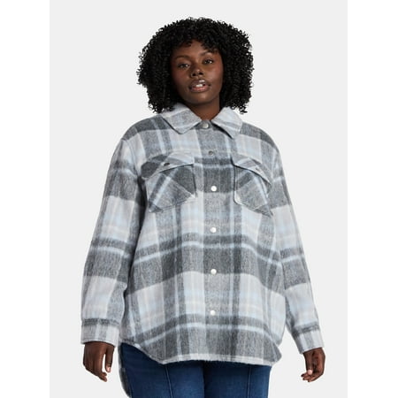 Terra & Sky Women's Plus Longline Brushed Plaid Shacket, Midweight, Sizes 0X-5X