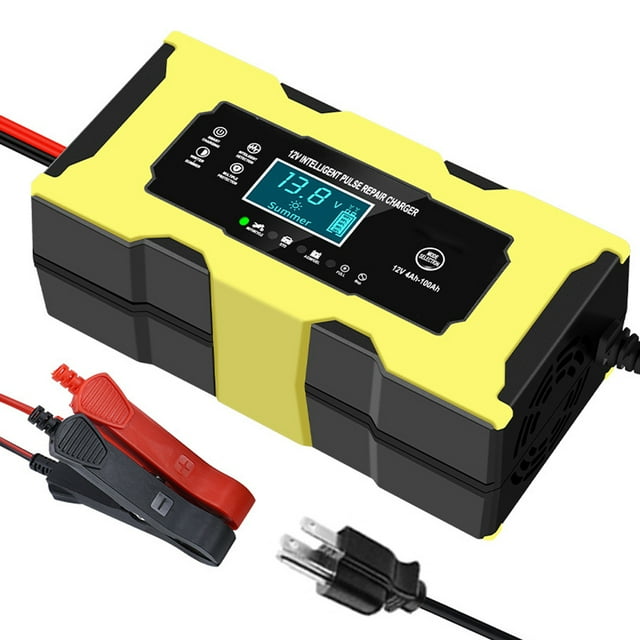 Tignapoo Smart Pulse 12V 6A Battery Charger for Car and Motorcycle with EU/US/UK Plug Options, Yellow Plastic Design, 65cm Output & 85cm Input Cables, AC110-220V Input, DC13.8-15.5V Output, Suitable