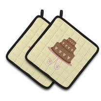 Caroline's Treasures 3 Tier Heart Chocolate Cake on Yellow Pair of Pot Holders