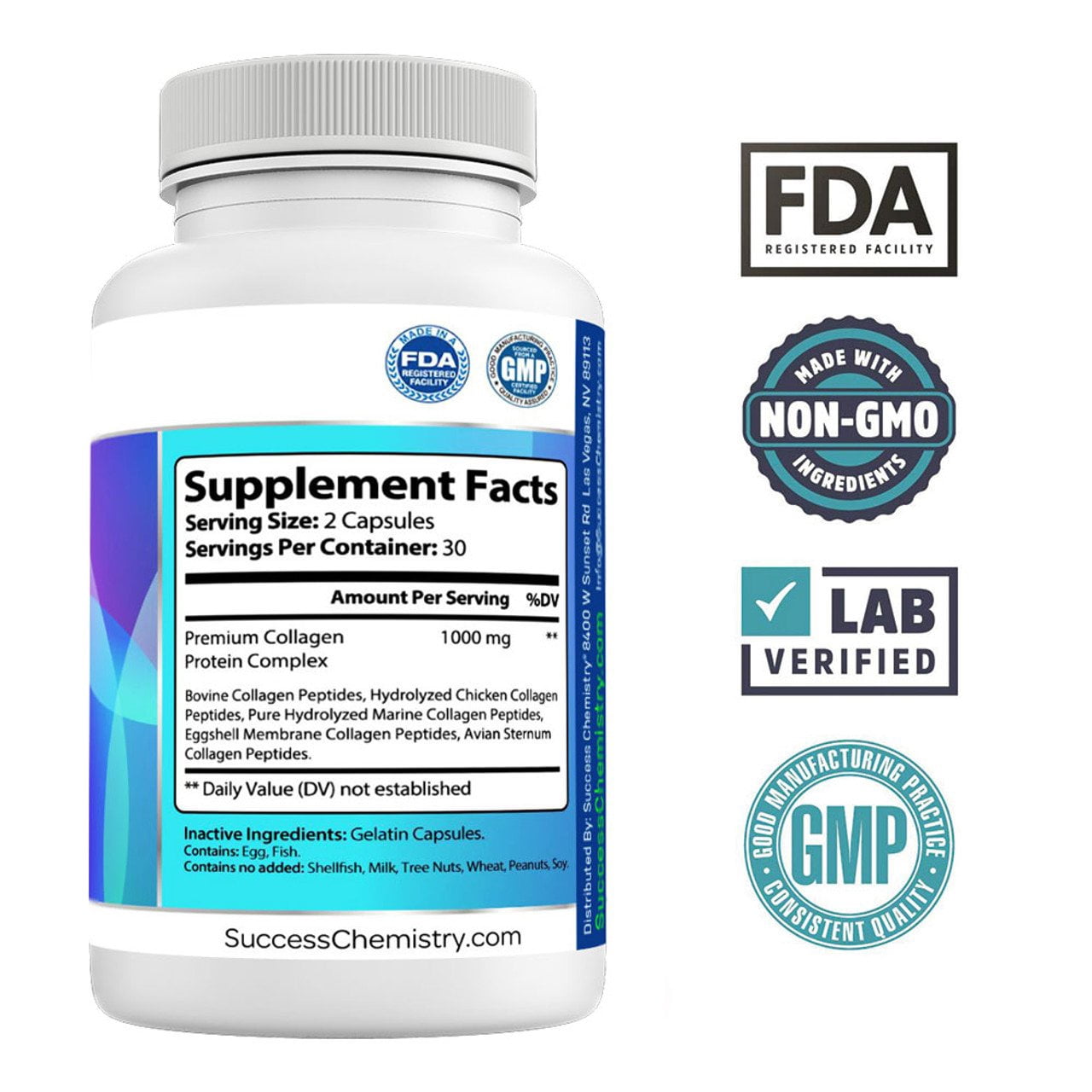 Success Chemistry Multi-Collagen Capsules for General Health & Wellness with Types I - 60 Capsules