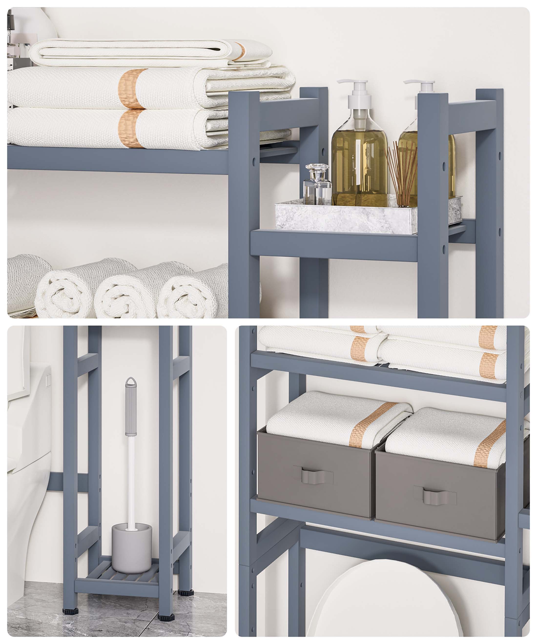 Enogets Over the Toilet Storage, Bamboo Bathroom Organizer with Adjustable Rack, Basket, Drawer & Waterproof feet