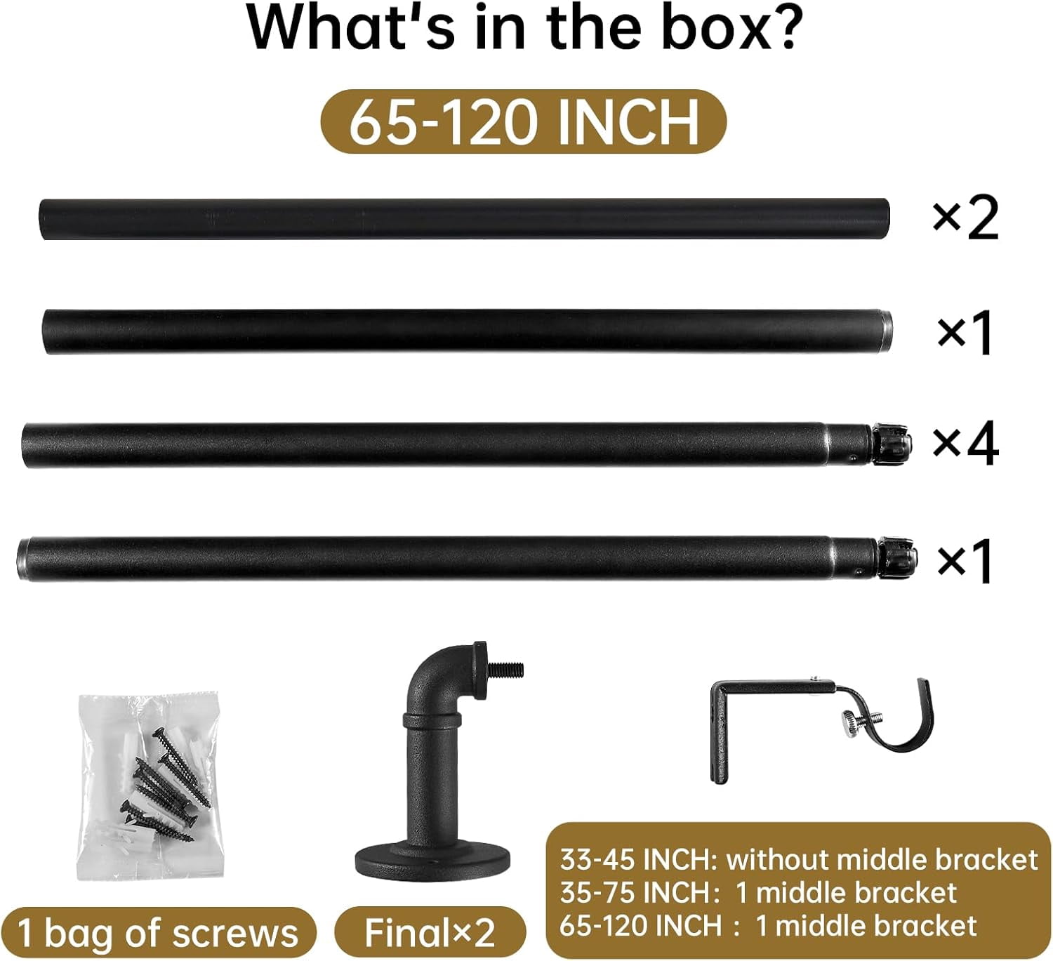 UniVerse 2 Pack Industrial Curtain Rods for Windows 66 to 120 Inches, Blackout Wrap Around Curtain Rod, for Indoor and Outdoor, 5/8 Inch Diameter, 65 to 120 Inches, Black