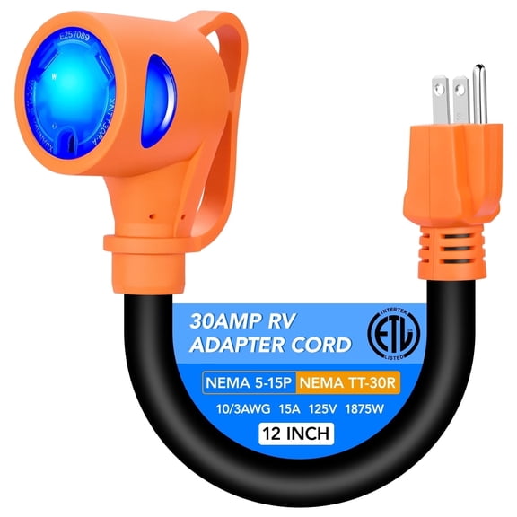 SPEEDWOW RV Adapter 30 Amp to 15 Amp, NEMA 14-50P to 5-15R Cord 12-Inch, 125V Power Adapter with LED Indicator, Upgraded Handle for Outdoor Camping Generator, ETL Listed