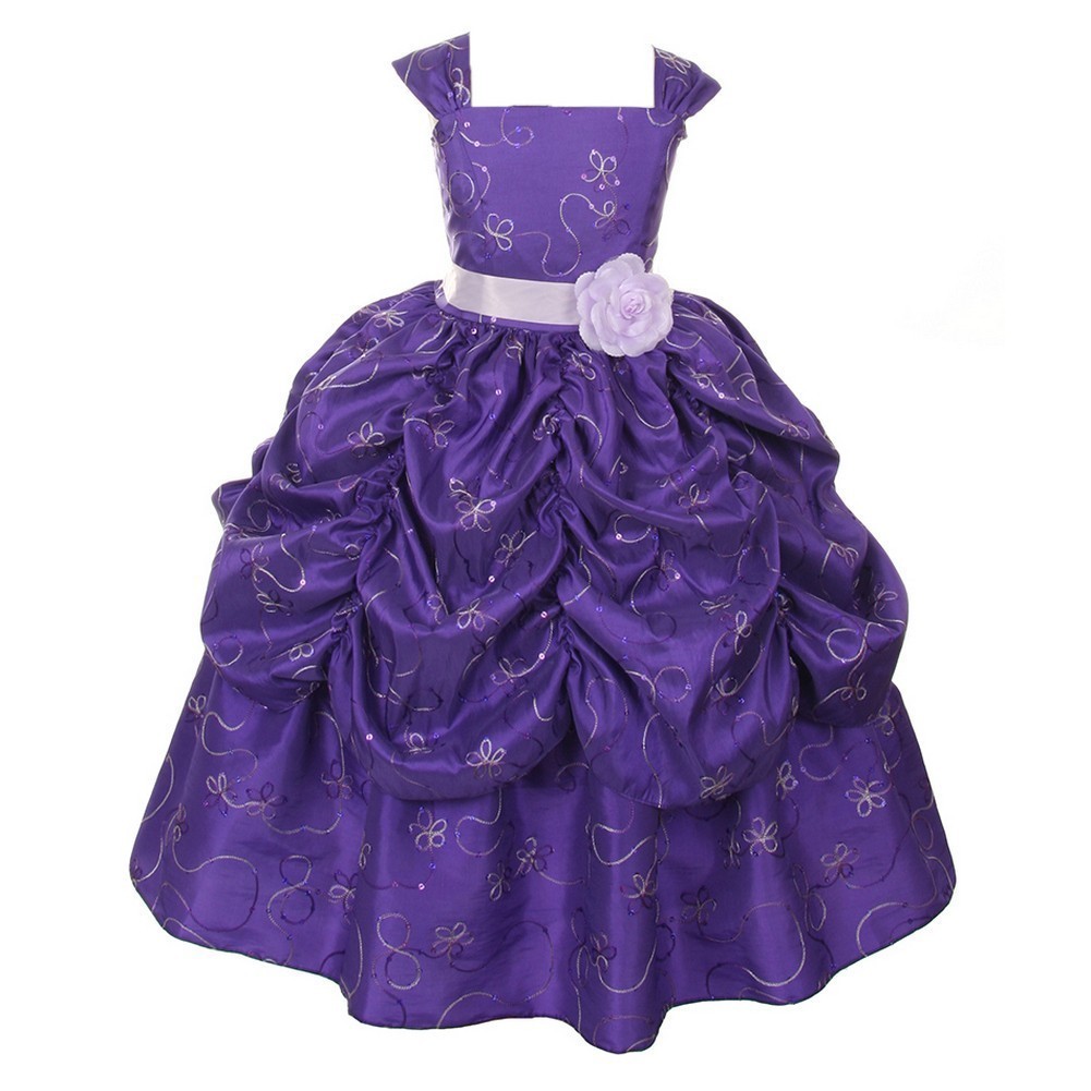 KiKi Kids USA Little Girls Purple Embroidered Taffeta Flower Sash