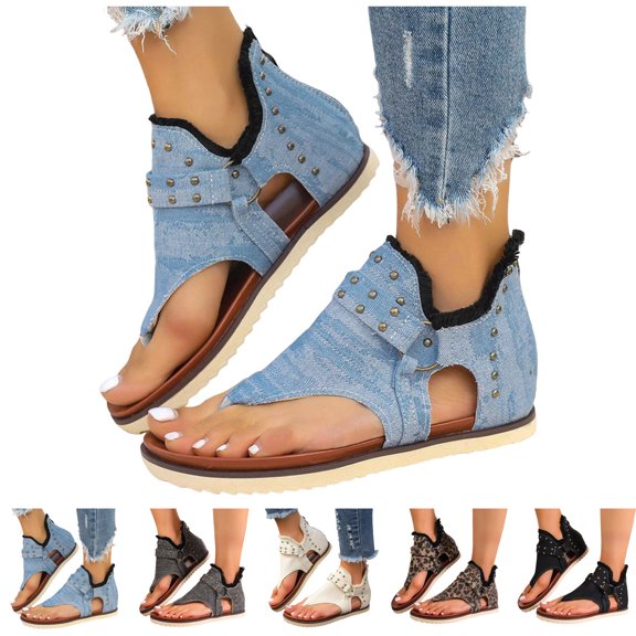 Dakaela Womens Denim Gladiator Sandals 2026 Bohemian Casual Flip Flops Flat Clip Toe Ankle Boots Open Toe Beach Shoes with Back Zipper (Black,6)