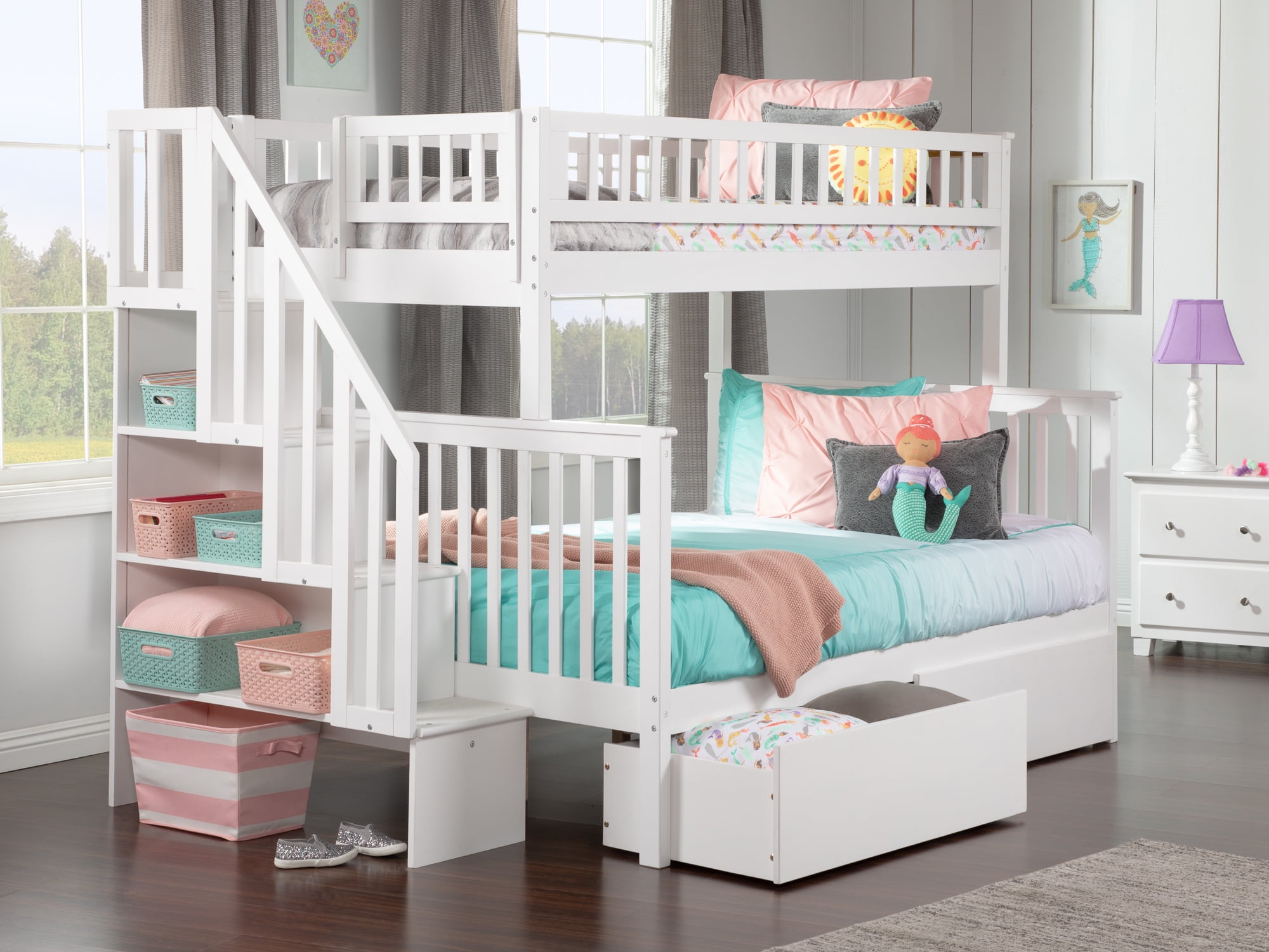 Woodland Staircase Bunk Bed Twin over Full with 2 Urban Bed Drawers in White