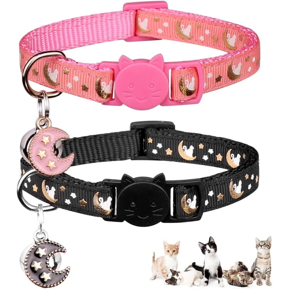 2Pcs Adjustable Breakaway Kitten Collars with Bell, Safe Release Cat Collars for Boy & Girl Cats, Lightweight Soft Pet Collars