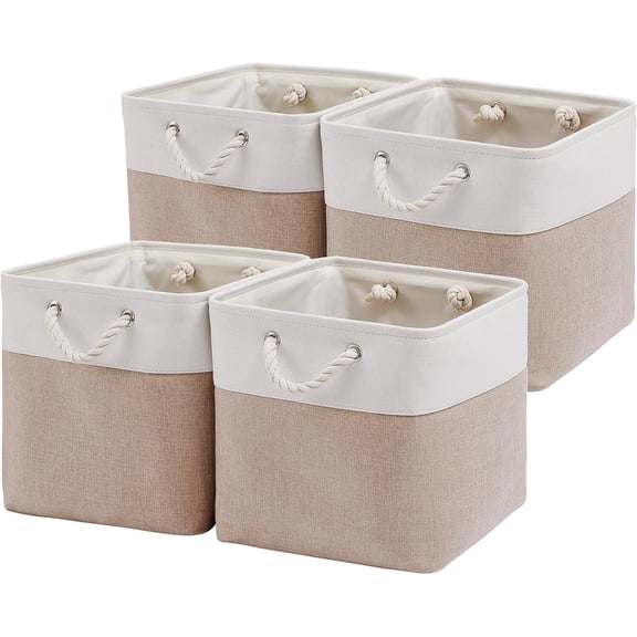 XIMEI 13"x13" Cube Storage Bins 4-Pack, Large Collapsible Fabric Storage Bin with Ropes, Foldable Cubes for Home/Office/Closet/Clothes/Toys, White & Beige