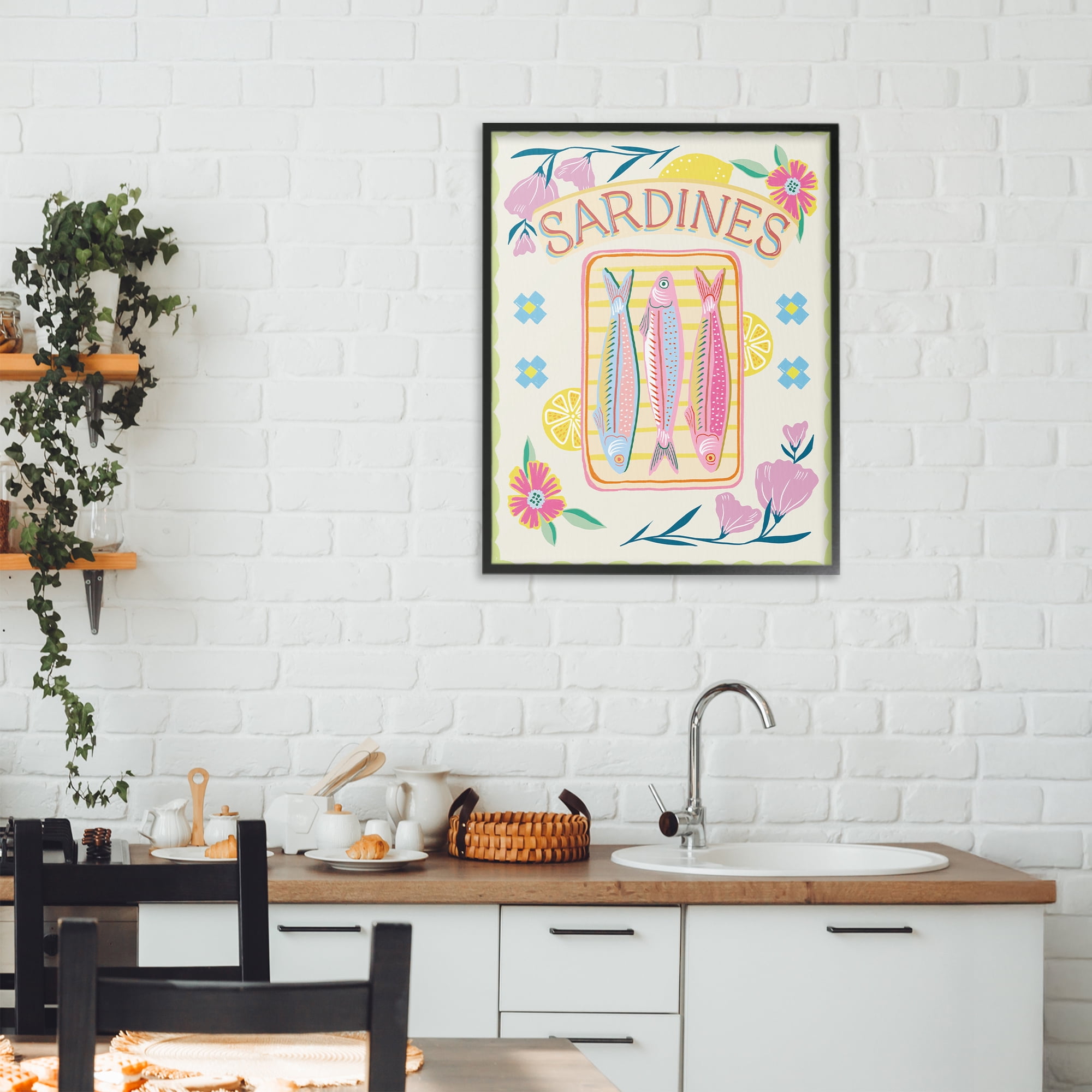 Stupell Industries Pastel Sardines & Flowers Black Framed Giclee Art, design by Jo Reid