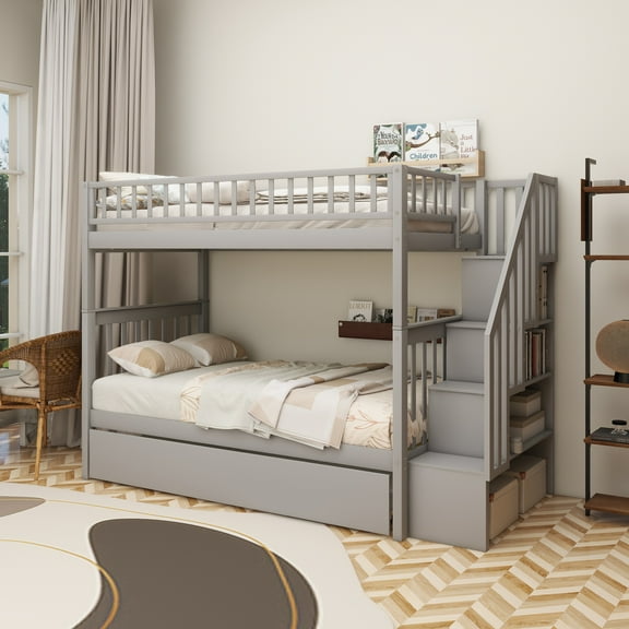 Twin over Twin Bunk Bed with Trundle and Storage, Gray