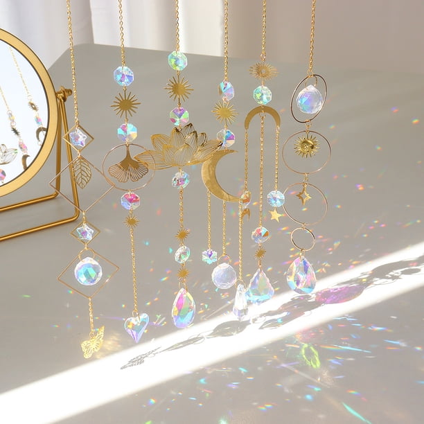 Campanas De Viento 6pcs Crystal Light Catcher Lotus Moon Sun Prisms Colgante para el dormitorio del hogar (A)