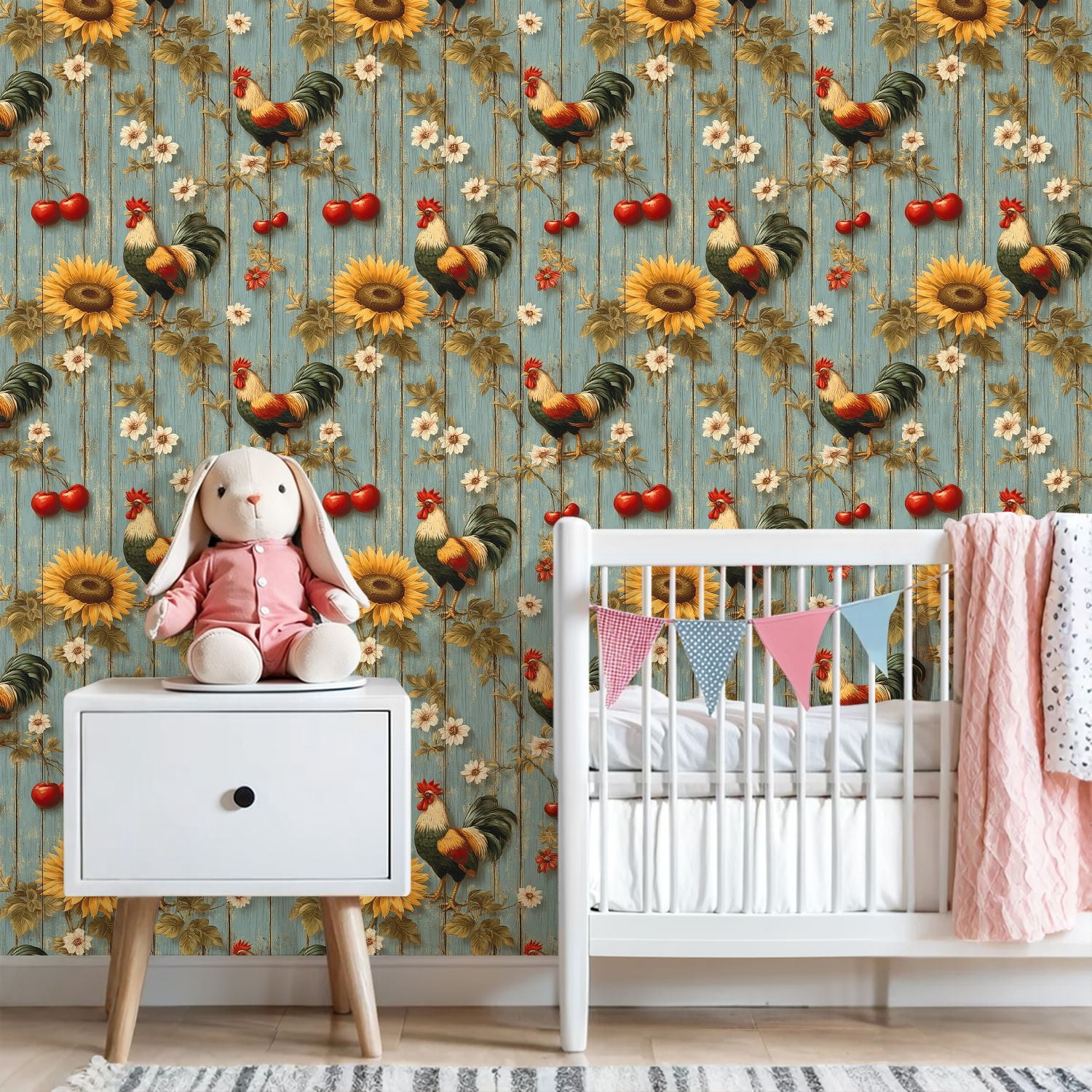 Chicken Peel and Stick Wallpaper Rooster Sunflower Rustic Farmhouse Blue Wooden Wall Mural 23.6in x 9.8ft Self Adhesive Removable Wall Paper Renter Friendly Wallpaper for Nursery Bedroom Cabinets