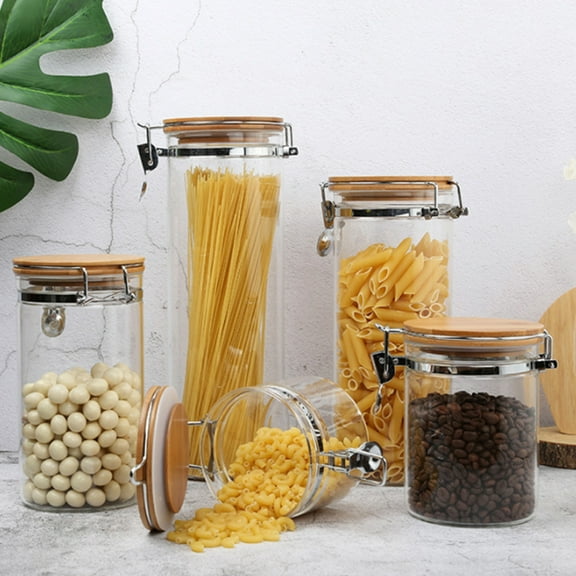 LEORX glass storage jar Airtight Bamboo Square Canister for Home Kitchen 1Set