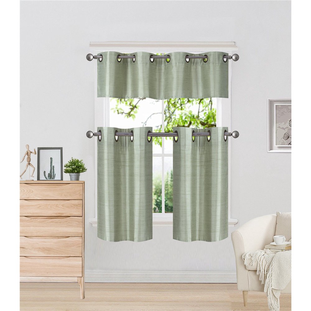 K7 Sage 3Piece Solid Faux Silk Blackout Grommet Kitchen Window Curtain