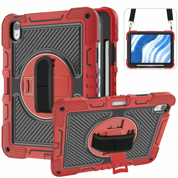 Dteck Case for iPad Air 11 inch 2025/2024,iPad Air 4th 5th Gen Heavy Duty Rotating Stand Rugged Silicone Case Shockproof PC Cover with Adjustable Hand/Shoulder Strap for iPad Air 11" M3/M2,Black Red