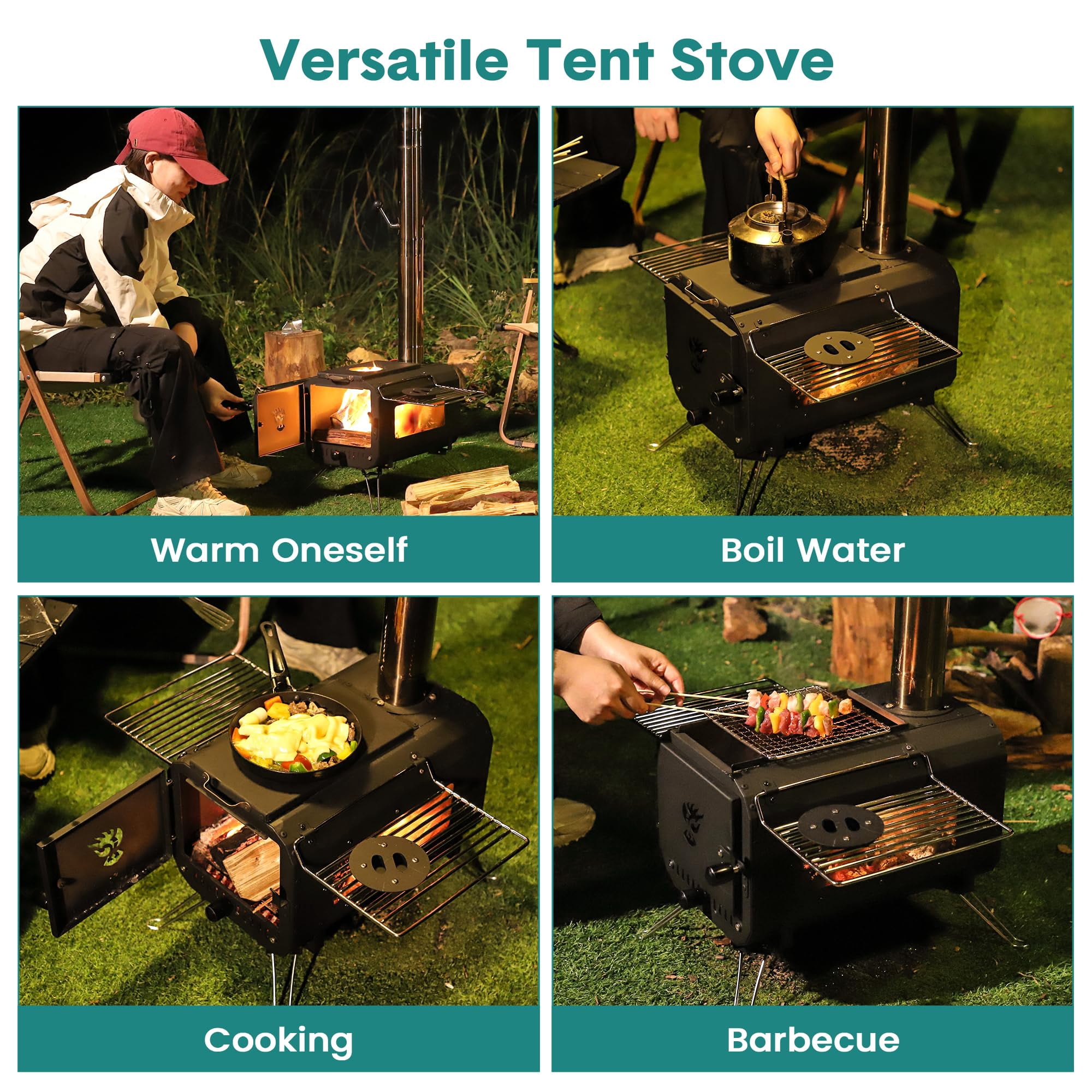 Towallmark Camping Stove – Cast Iron Wood Burning Tent Heater with Chimney Pipes for Outdoor Cooking & Heating