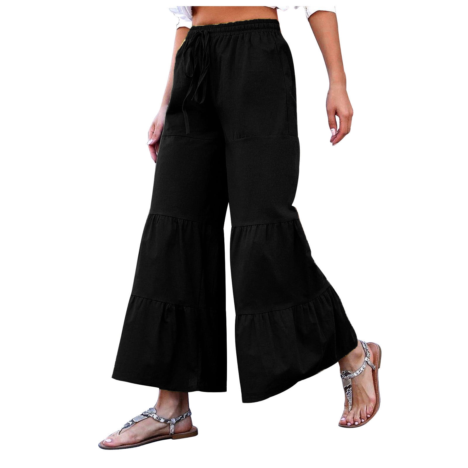 ketyyh-chn99 Black Dress Pants Women Women's Boho Elastic High Waisted  Ruffle Hem Wide Leg Palazzo Pants 