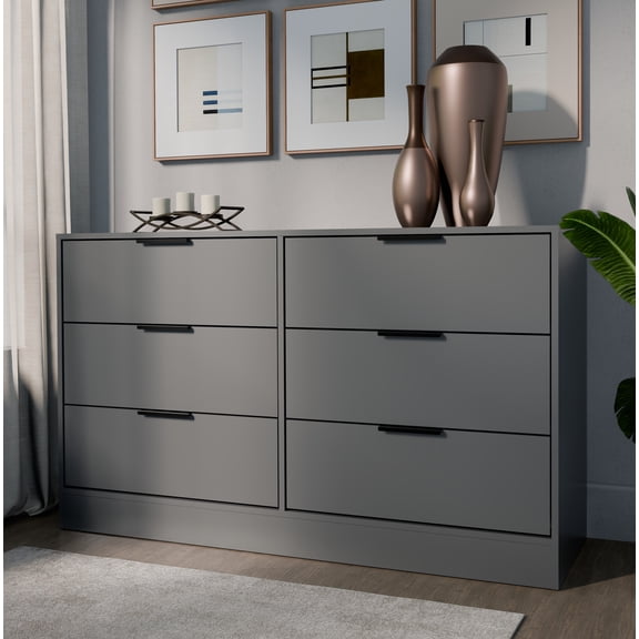Kappesberg Fresno Modern 6-Drawer Dresser, Gray – Bedroom Storage for Adults and Teens, 32.3"H x 57"W x 17.7"D