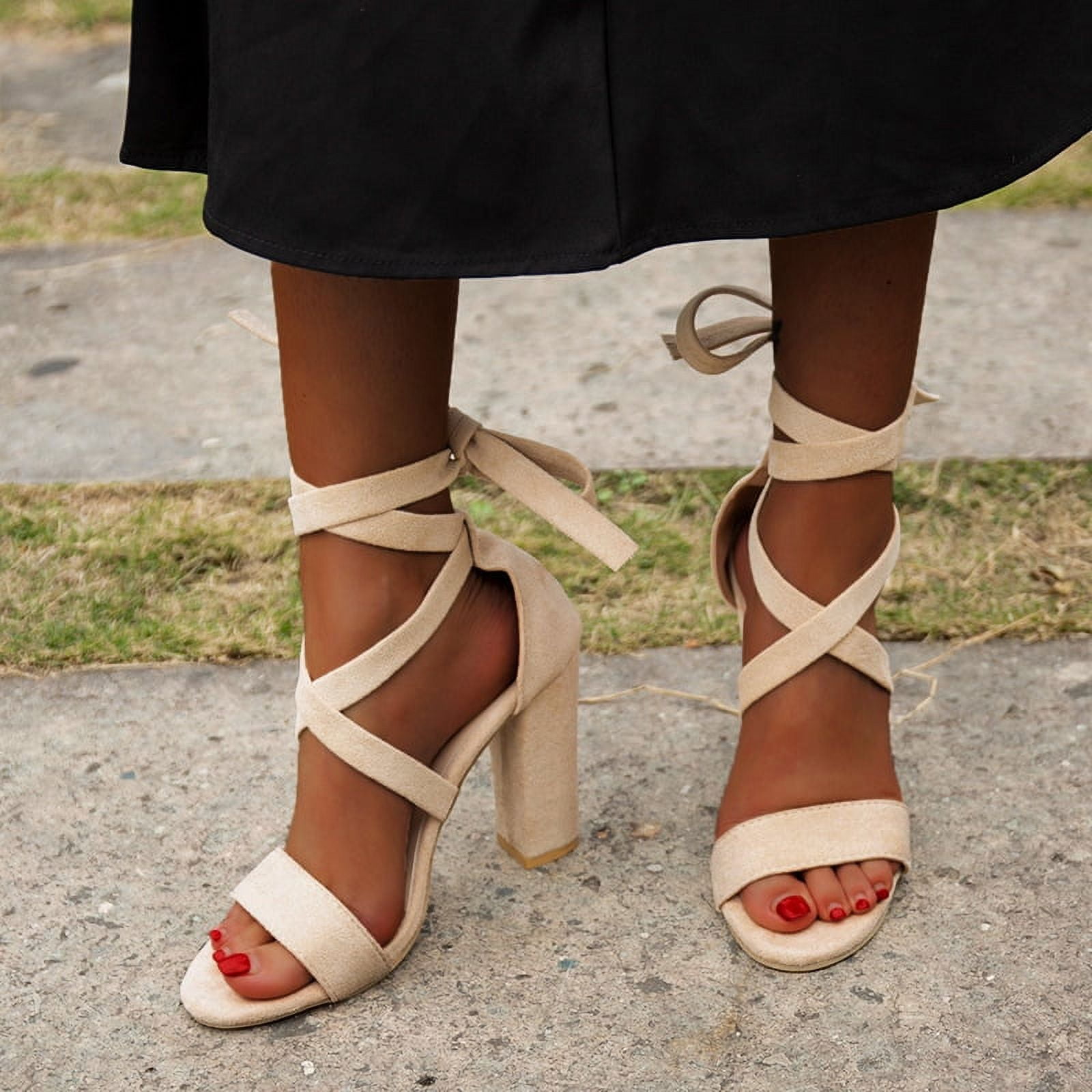Aizonme Heels for Women Suede Chunky Heels High Heeled Sandals with Lace Up Fahsion Casual Nude Block Heel Sandals Wedding Party Date Shoes Women s