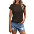 thumbnail image 2 of CFLVAEK Summer Cap Sleeve Tshirts for Women Casual Round Neck T Shirts Loose Solid Color Basic Tees Coffee S, 2 of 6