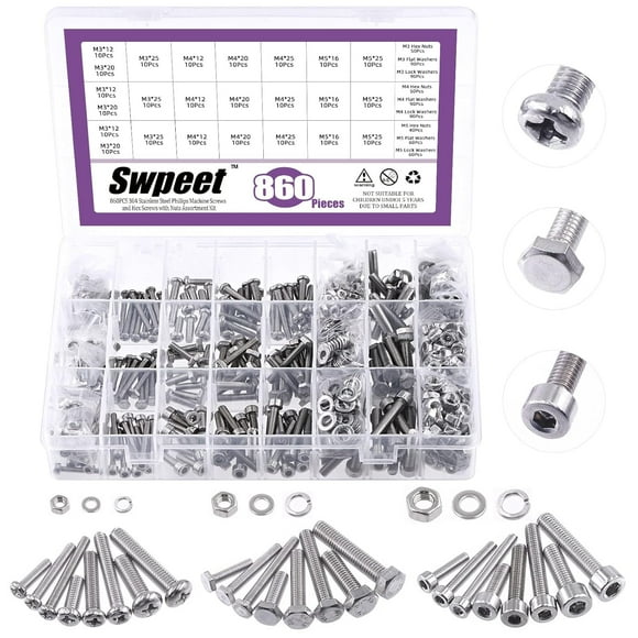 shiyou-860Pcs 6 Typles 304 Stainless Steel M3 M4 M5 Pan Phillips Machine Screws and Hex Bolts Screws and Hex Socket Head Cap Screws with Hex Nuts & Flat Washers & Split Lock Washers