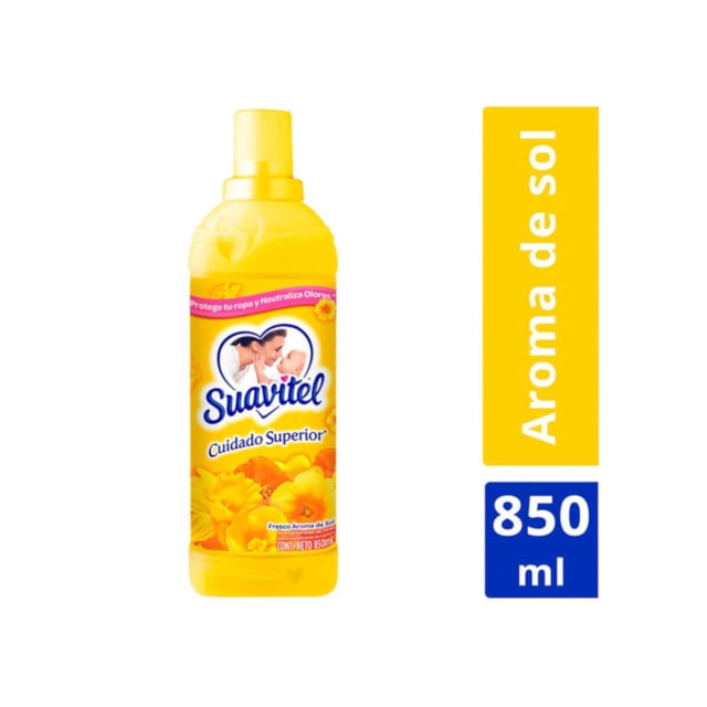 pack de 12 suavizante suavitel fresco aroma de sol de 850 ml pack de 12 botellas, cada botella azul con tapa amarilla, vista frontal centrada de una botella: silueta alta con etiqueta Suavitel y corazón, texto 'Cuidado Superior', gráficos de flores y rótulo 'Aroma de sol 850 ml'.