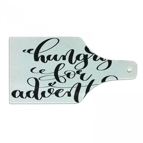 Adventure Cutting Board, Monochrome Words Hungry for Adventure Journey Challenge Hand Written Letters, Tempered Glass Cutting and Serving Board, Wine Bottle Shape, Black White, by Ambesonne