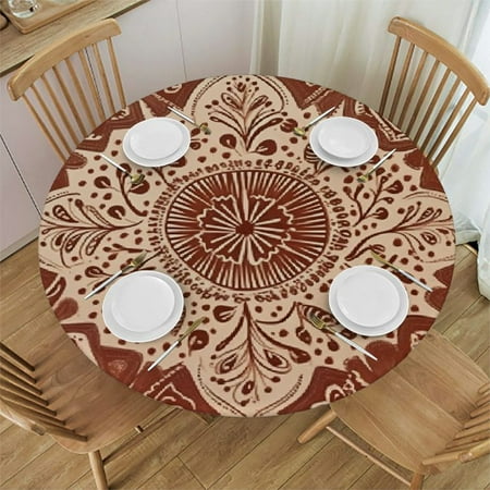 

Elastic Tablecloth Beige Decorative Fabric Table Cover for Heart and Tulip Motifs Antique Floral Oriental Fit Round Tables for Dining Room/Party/Banquet Decoration