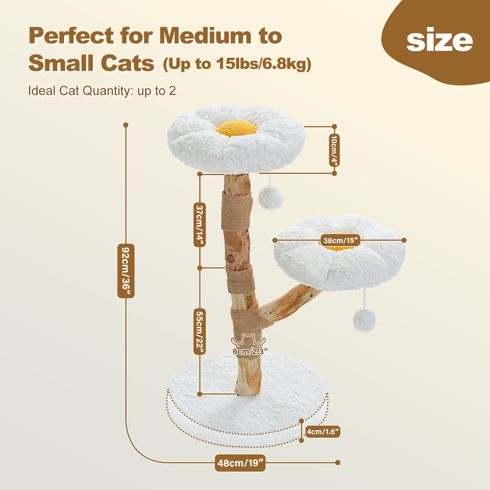 Pefilos 36" Flower Cat Tree Tower with Real Wood Branches, Boho Cat Climbing Tower with Scratching Post and 2 Perches for Indoor Cats, White