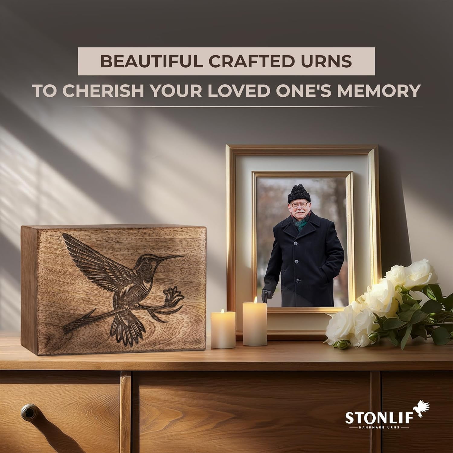 Cremation Urns for Human Ashes - Humming Bird Wooden Box and Casket for Men, Women and Child Ashes - Funeral Memorial Burial Urn for Cat Dog Pet Ashes - Keepsake (12 Cu/in)