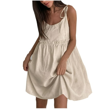 APEXFWDT Womens Linen Babydoll Dress Sleeveless Lace-up Strap Scoop Neck Casual Short Dresses Vintage Loose Fit Summer A Line Dress