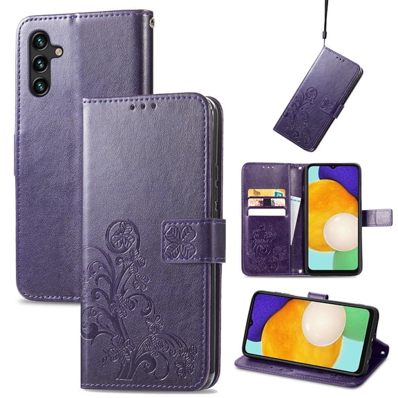 Luxury Wallet Case for Galaxy A54 5G 6.4" 2023, PU Leather Case Embossed Flower Detachable Lanyard Card Slots Flip Kickstand Magnetic Clasp 360° Protective Fashion Shell, Purple