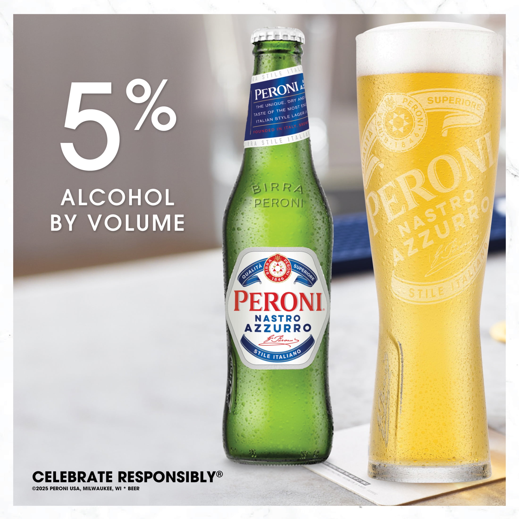 Peroni Nastro Azzurro Beer Pint, 330ml (Pack of 24 bottles