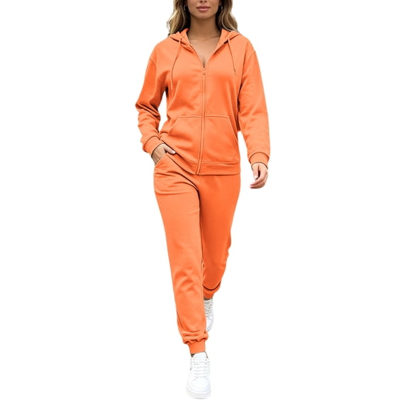 Usloyux Women's Plus Size 2 Piece Set V Neck Long Sleeve Hoodie and Elastic Waist Pants Casual Matching Outfits Solid Lounge Tracksuit, Orange 3XL