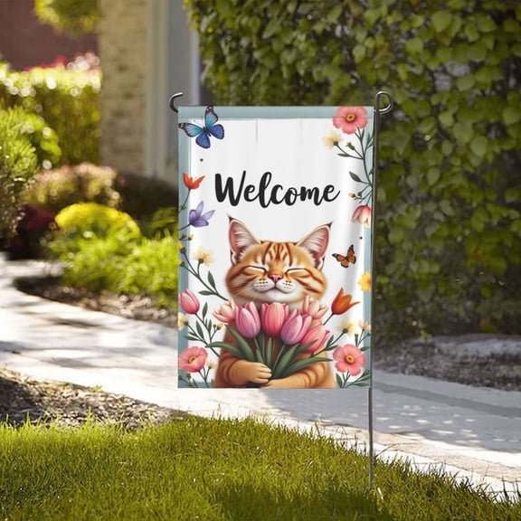 Welcome Spring Garden Flag 12x18 Inch Double Sided Cute Orange Cat Holding Tulips Flowers Butterfly Garden Flag Outdoor House Yard Decoration