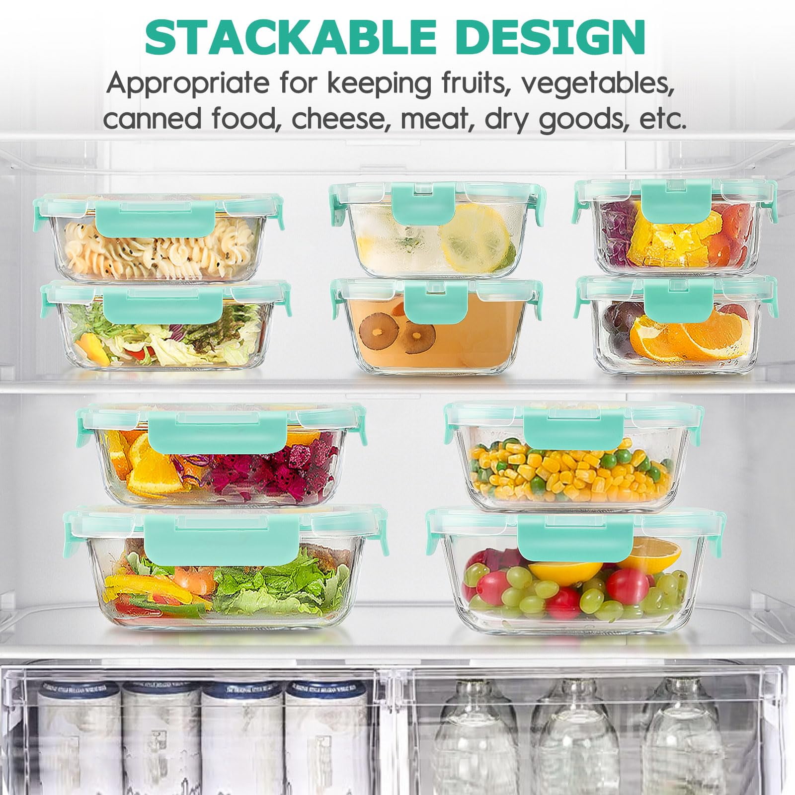 34pcs Glass Food Storage Containers with Lids Set, Airtight Meal Prep Containers (17 Containers & 17 Lids), Green