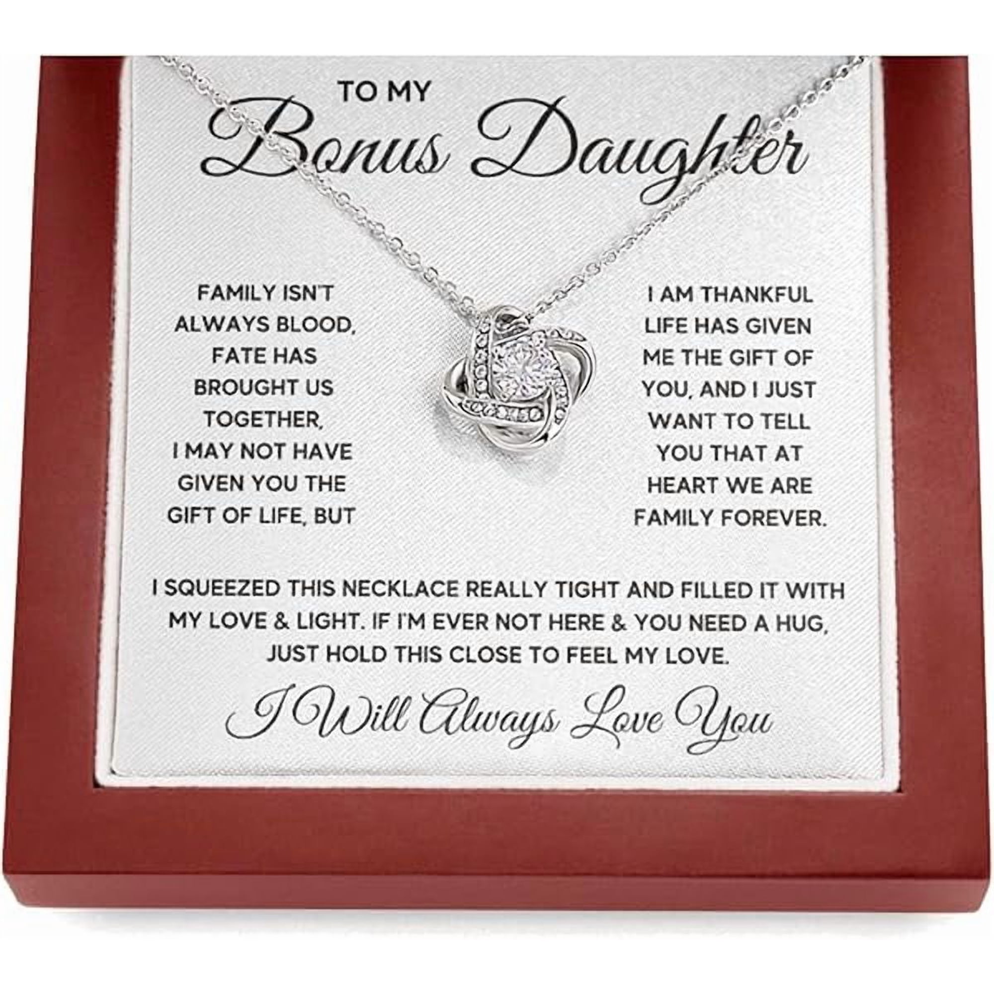 Christmas Gift for Step Daughter from Step Father, Love Knot Necklace for Unbiological Daughter with Message Card and LED Box, Bonus Daughter Necklace Birthday Graduation