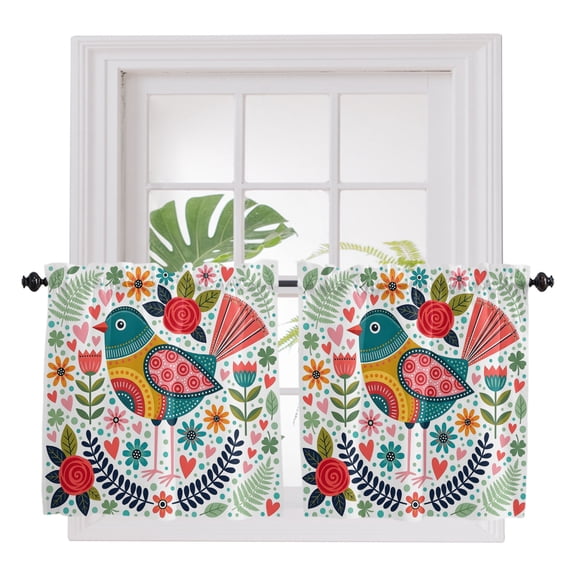 Colorful Birds 2 Panel Kitchen Curtains for Small Windows, Cartoon Funny Flowers Branches Leaves Bathroom Tier Curtain, Short Window Treatment for Bedroom/Living Room 55"x24"