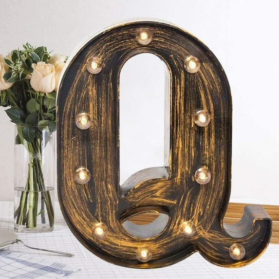 Pooqla Golden Black Led Marquee Letter – Industrial, Vintage Style Light Up Alphabet Letter Sign for Cafe Wedding Birthday Party Christmas Lamp Home Bar Initials Decor-Letter Q