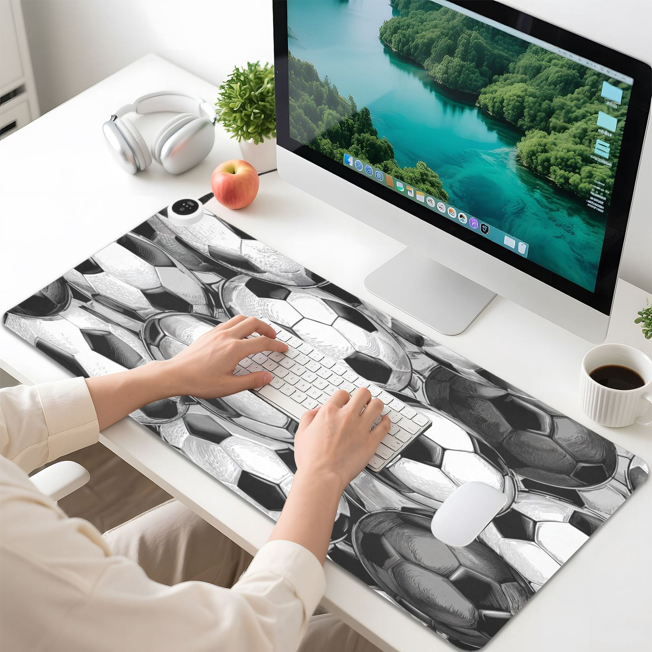 Large Heated Desk Mat Mouse Pad 31.5"x13"PU Leather Graphene Heating Desk Warmer with 3 Temperature Settings 110V US Plug Non-Slip Warm Pad for Home, Office, and Gaming Vintage Soccer Ball Collage