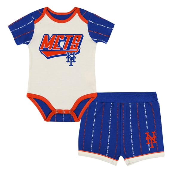 Infant Outerstuff White/Royal New York Mets Lead Run Diaper Cover Bodysuit & Shorts Set